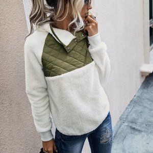 Olive & White Patchwork Panel Long Sleeve Fleece